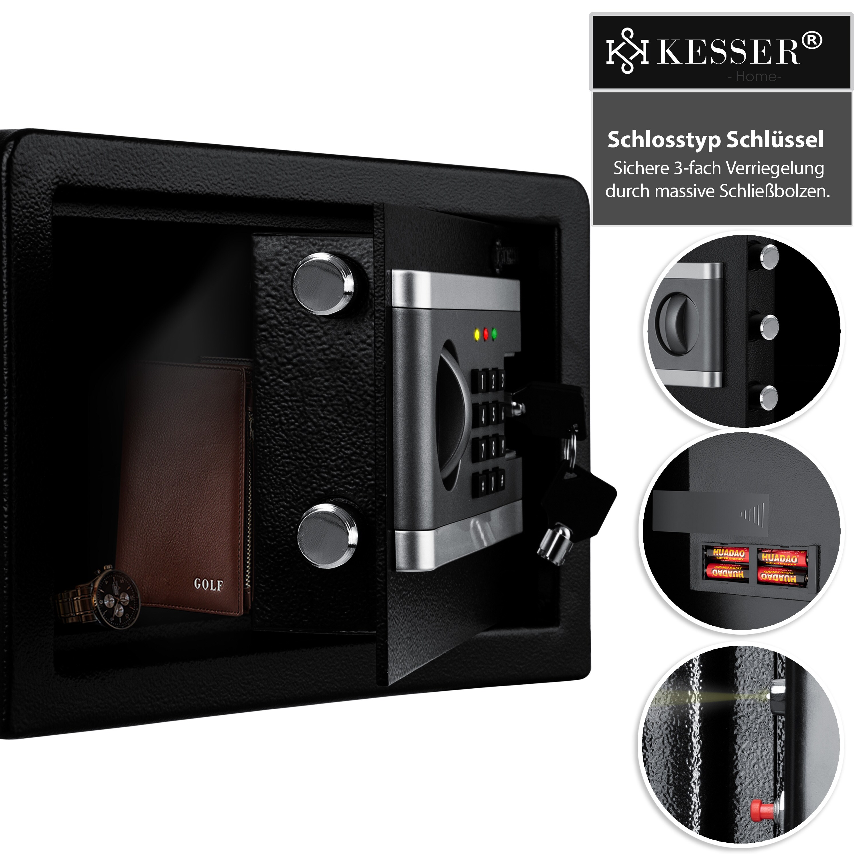 KESSER® Elektr. Tresor | Inkl. Batteriebox | Elektronischer Safe | 3x Doppelbolzenverriegelung | Boden Wandtresor | Möbeltresor | Innenbeleuchtung | Panzerschrank Zahlenschloss
