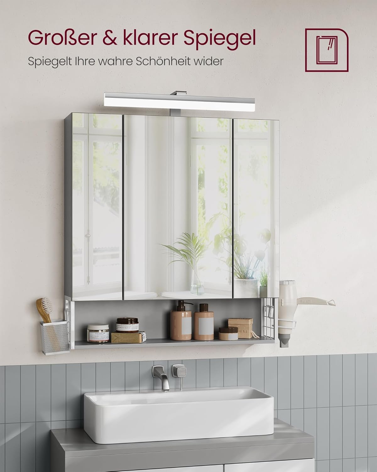 VASAGLE Spiegelschrank Bad mit Beleuchtung, 16,5 x 70 x 75 cm, Steckdosen, Hängekorb, Haartrockner-Halter, Spiegelschrank, Badschrank, Wandschrank, für Badezimmer, wolkenweiß-Taubengrau BBK126G01