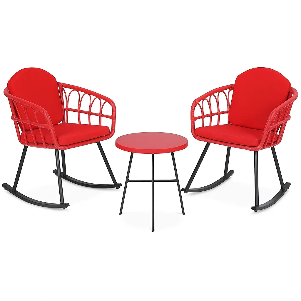 Ensemble de mobilier de jardin avec deux chaises à bascule et table basse en métal rouge