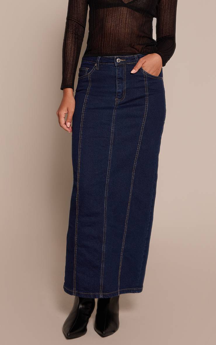 Bleu Indigo Jupe Longue En Jean Délavé Taille Mi-haute Avec Détails De Coutures
