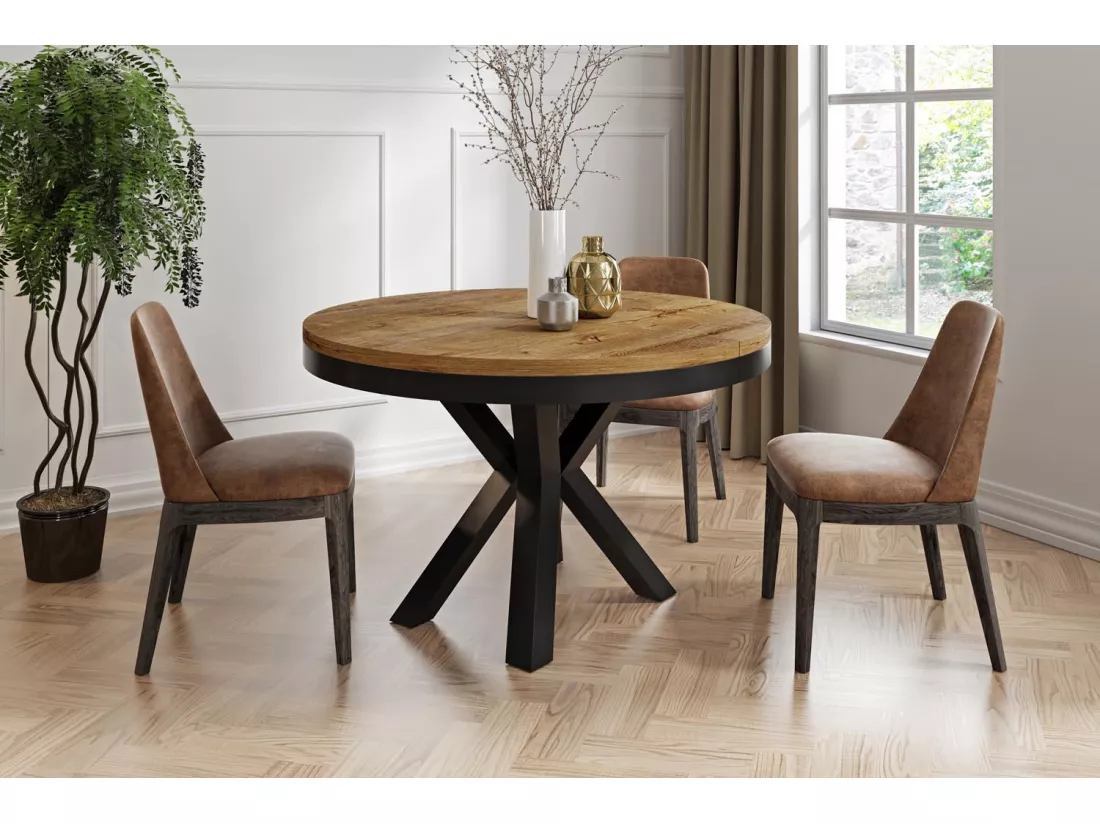 Table à Manger Ronde Extensible Style Loft - Table Industrielle Avec Pieds En Métal Noir - Gain De Place Pour Salon Et Séjour - Chêne Lefkas - 100 Cm