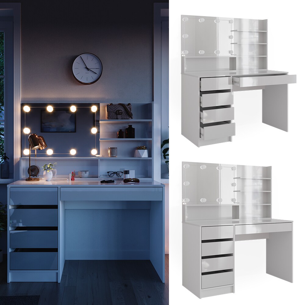 Vicco Schminktisch Sherry Weiß Hochglanz 120 x 75 cm Spiegel Regal LED modern