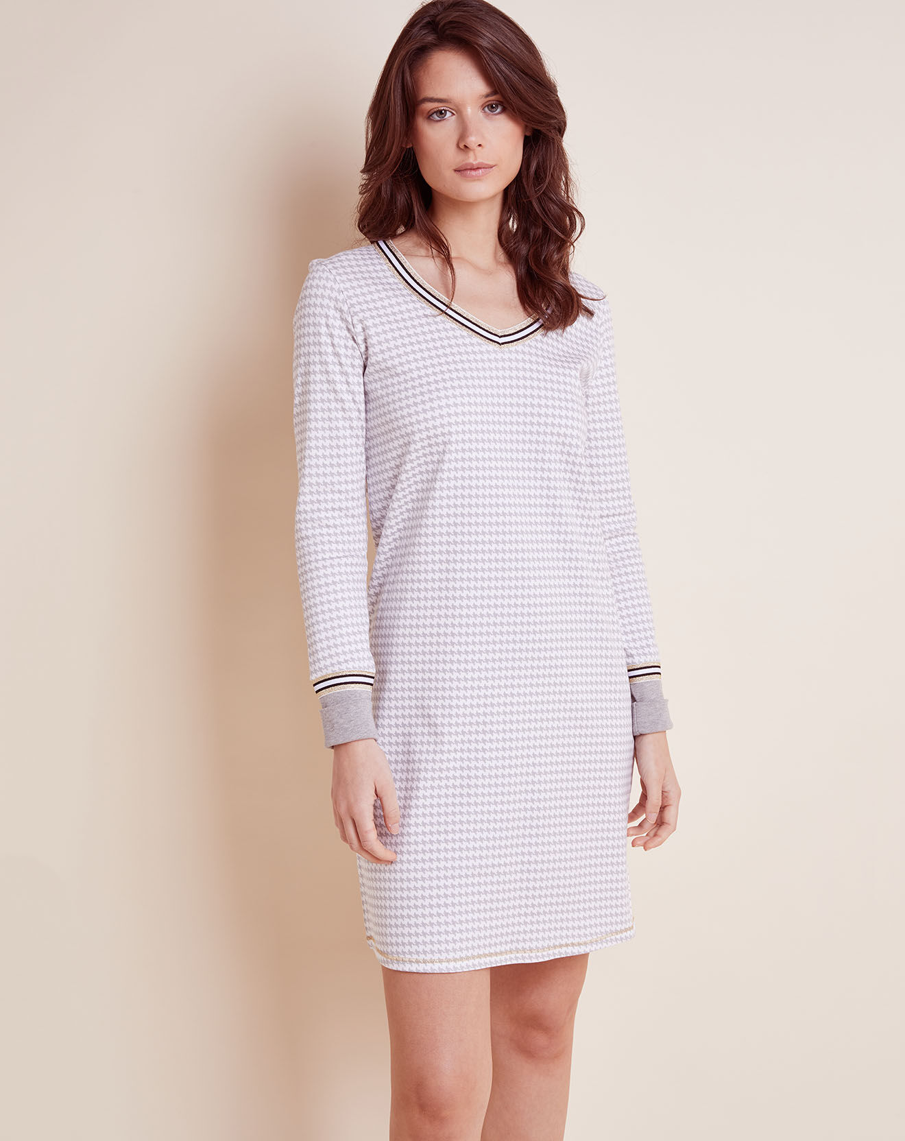 Le Chat Chemise de nuit en coton Pied de Poule Cocoon gris chiné