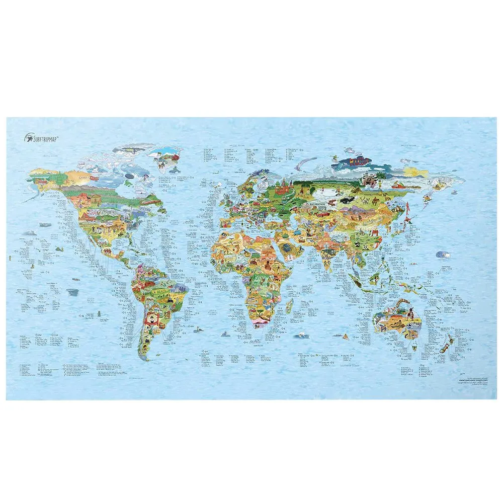 Mapa incrível da Surftrip: Melhores praias de surf do mundo - Edição original colorida.