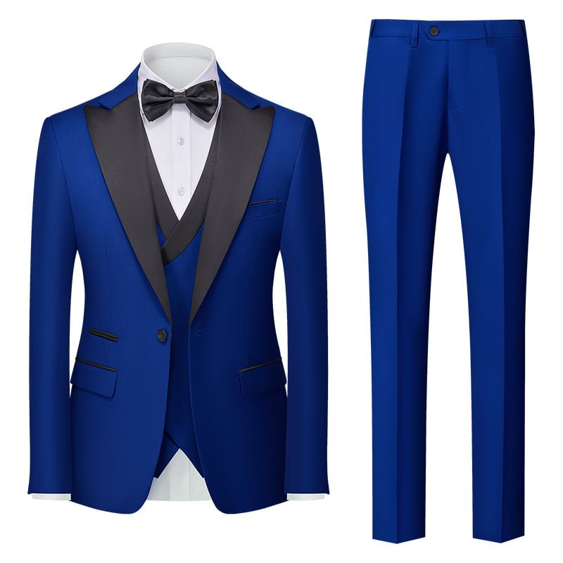 Sheck - Set: Tweekleurige enkelrijsblazer + dubbelrijsvest + effen taps toelopende pantalon