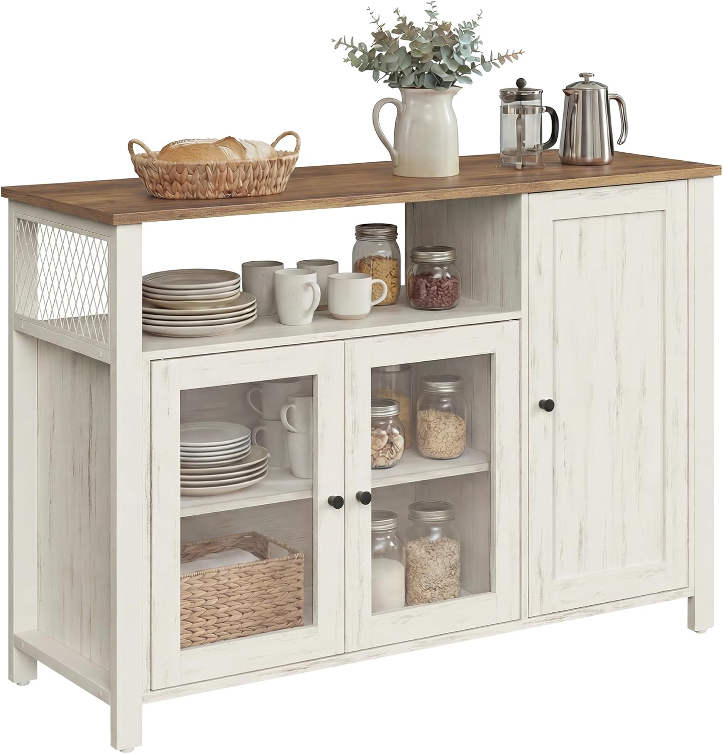 VASAGLE Sideboard, Küchenschrank, Aufbewahrungsschrank, mit 3 Türen, für Wohnzimmer, Küche, Esszimmer, 33 x 110 x 75 cm, Landhausstil, honigbraun-vintageweiß LSC096WJ02