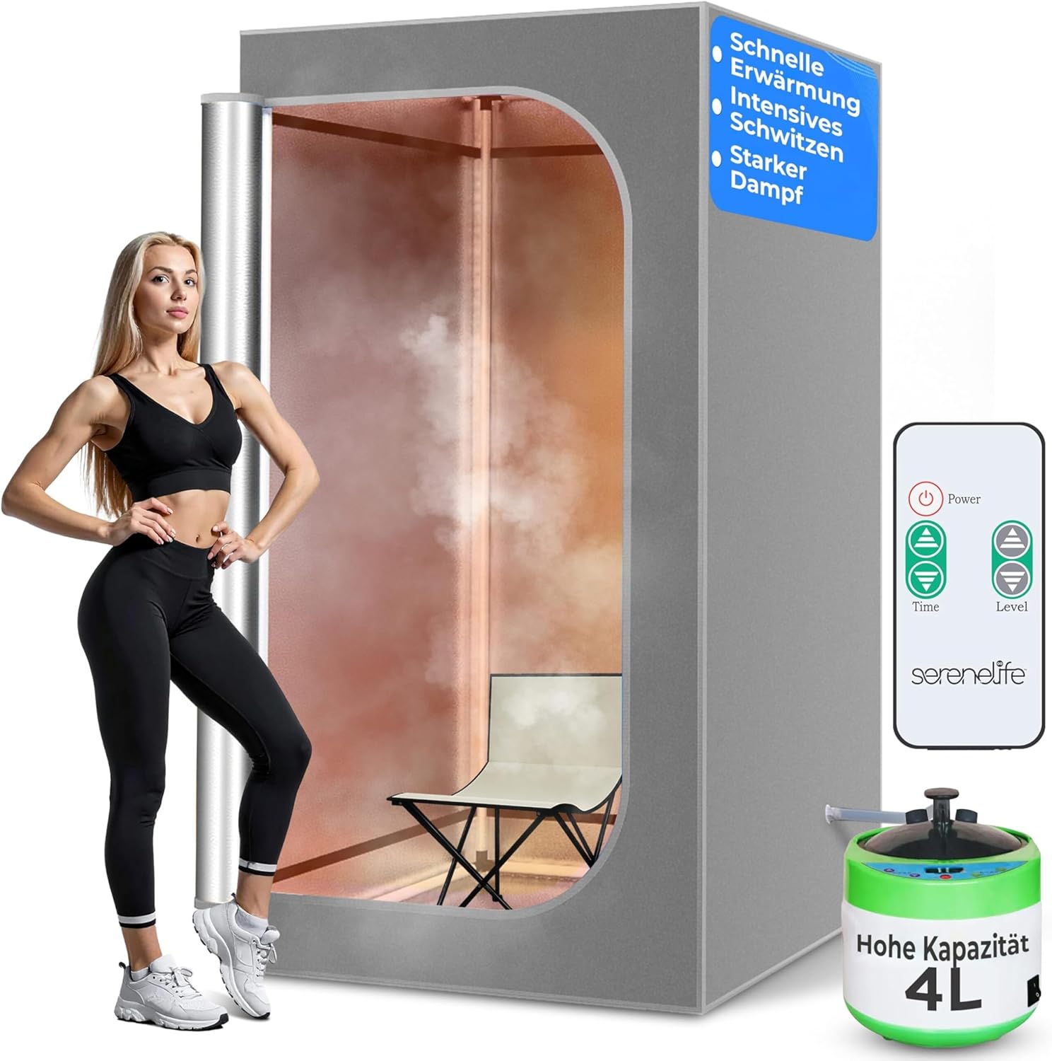 SereneLife Portable Sauna for Home, Steam Sauna Tent with 4L Steamer, Folding Sauna Chair, Compact Personal Detox Sauna, Remote Control In-Home Spa, 71