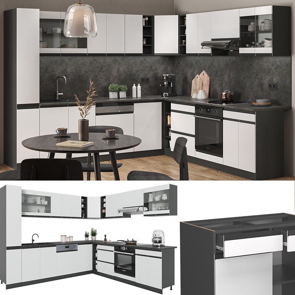 Vicco Eckküche Küchenblock Einbauküche R-Line J-Shape Anthrazit Weiß 277x257 cm modern Küchenschränke Küchenmöbel