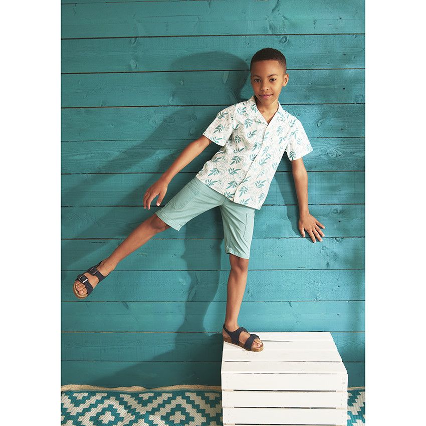 Chemise manches courtes en coton imprimé feuilles pour garçon - Blanc
