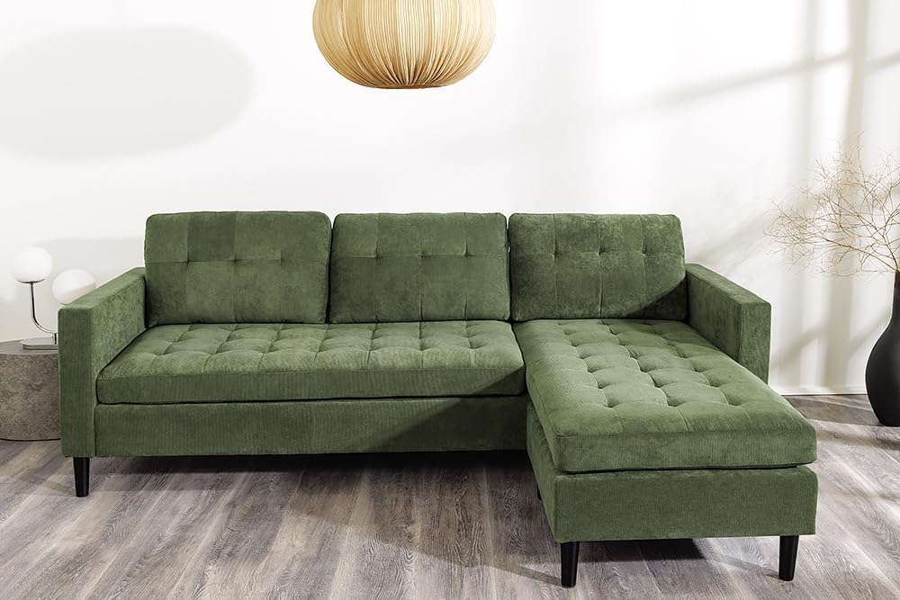 Riess Ambiente Retro Ecksofa Stockholm - 220cm - grün Cordstoff - Federkern 3-Sitzer Couch