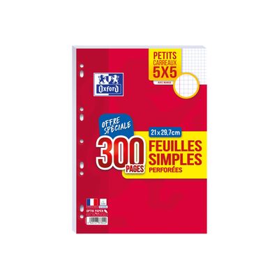 Oxford - feuilles simples A4 - 300 pages - petits carreaux (5x5 mm) - perforées