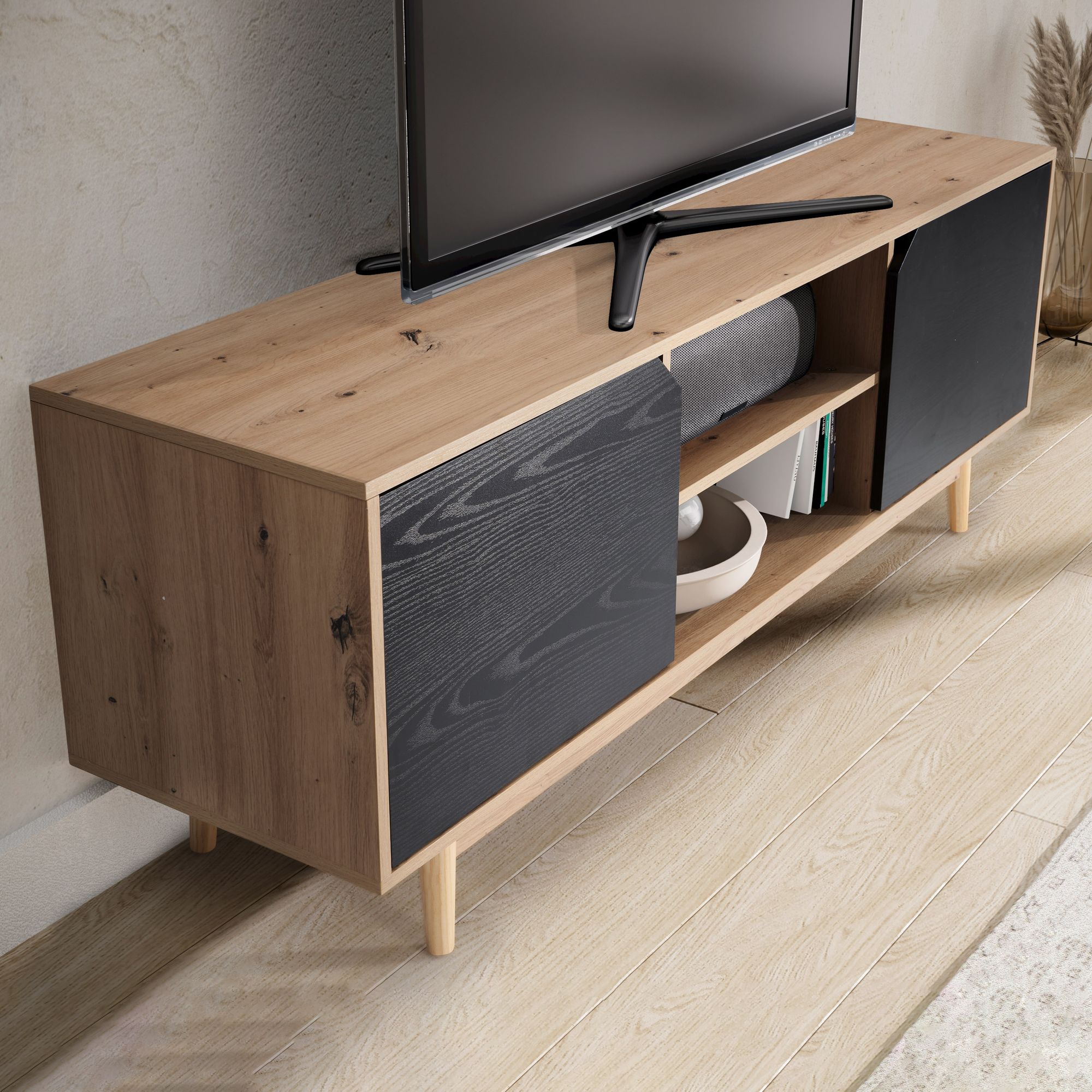 Lowboard FineBuy TV Schrank 150 cm Fernsehkommode Fernsehschrank Eiche Schwarz