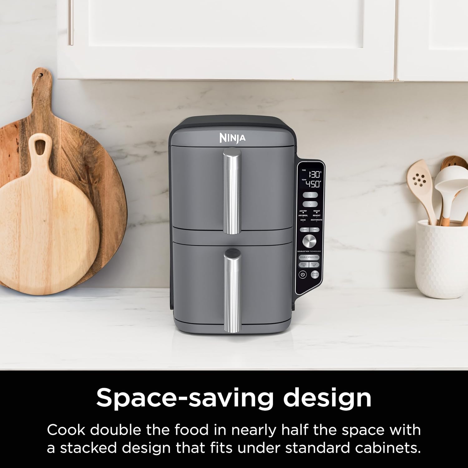 Ninja SL401 DoubleStack XL Friteuse à air comprimé à 2 paniers, technologie DoubleStack cuit 4 aliments à la fois, design compact, 10 litres, 6 en 1, finition intelligente et cuisson des allumettes