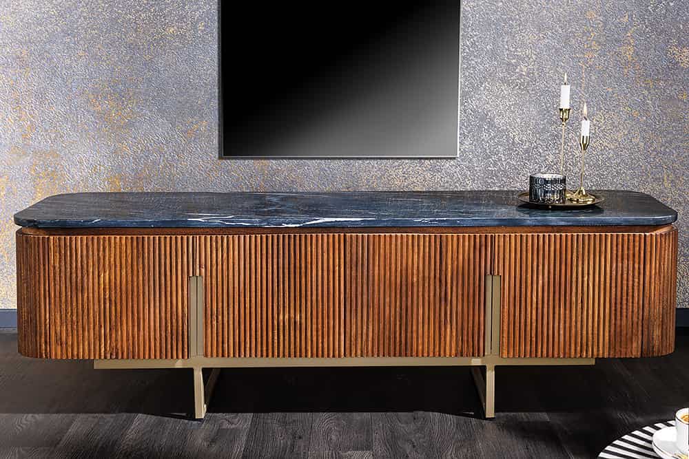 Design TV-Board GATSBY 160cm braun gold Mangoholz Marmor Metallgestell