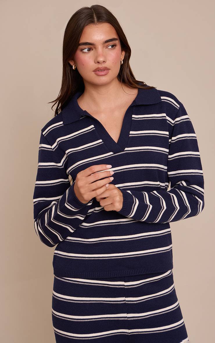 Bleu Marine Haut En Maille Rayé Style Rugby
