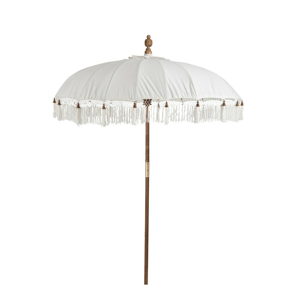 Parasol + pied + pompon coton/bois blanc marron l