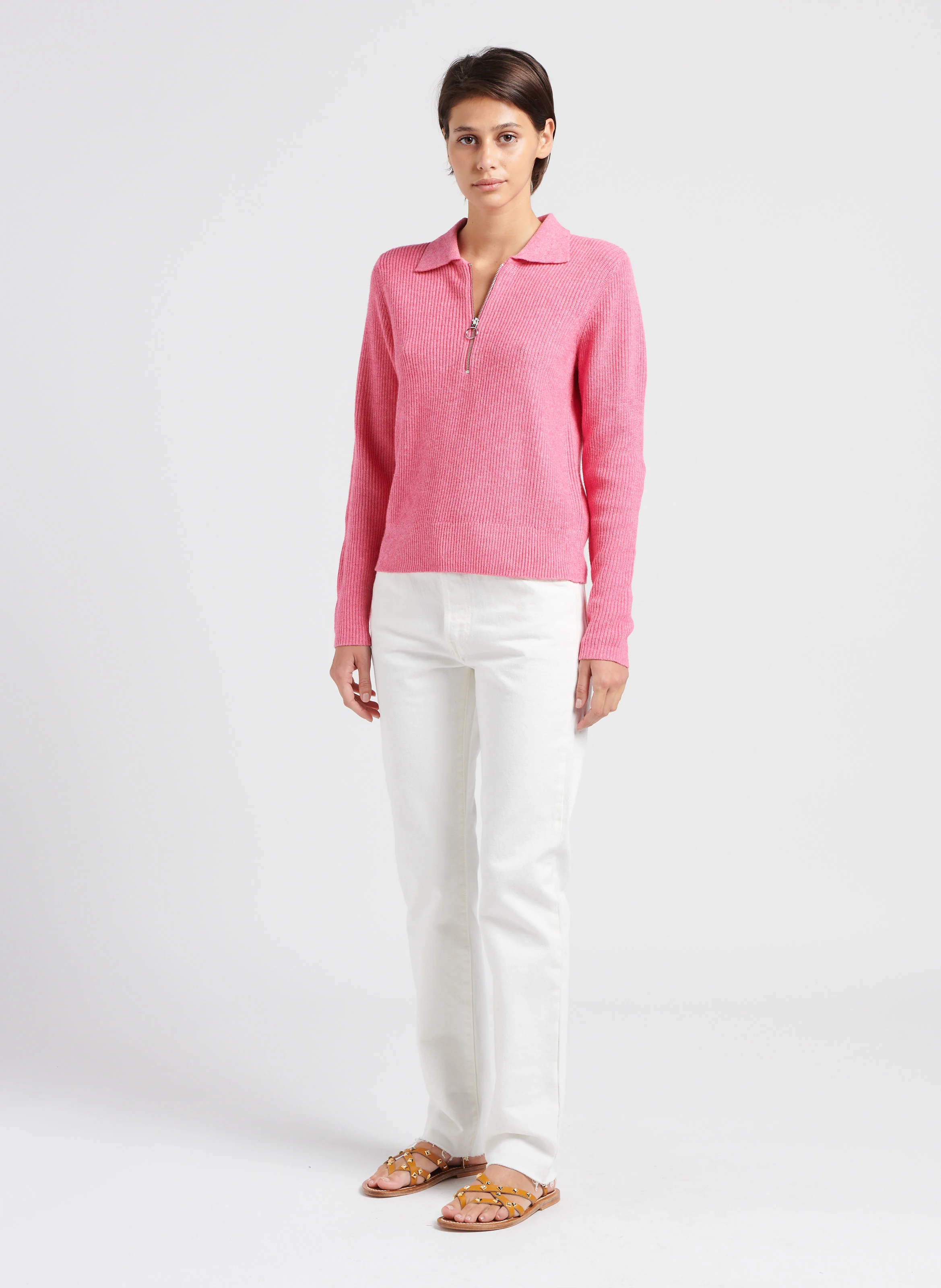 Pull col classique en maille mélangée| Rose