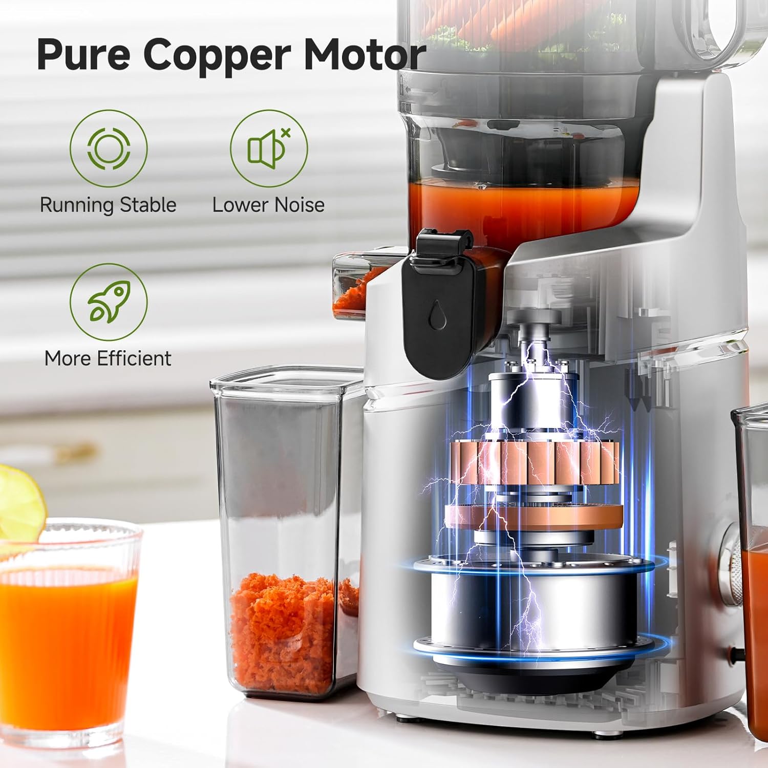 AMZCHEF 250W Automatischer All-In-One entsafter, 145MM Öffnung und 2L entsafter für Gemüse und Obst, Slow Juicer Testsieger mit Dreifachem Filter - Silber