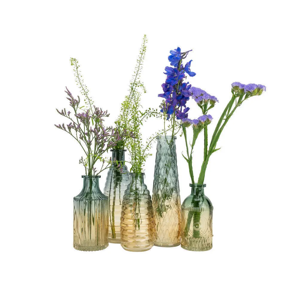 QUVIO Glazen vaas met patroon, geel/blauw - Hoogte 13 cm