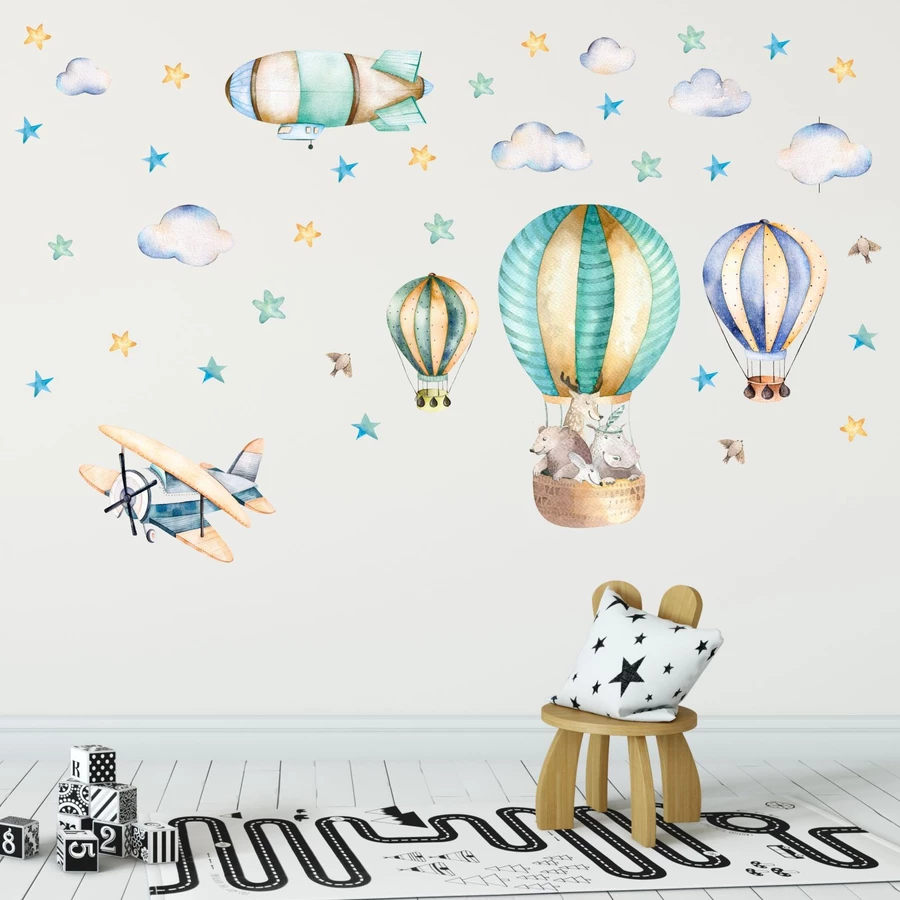 Nikima Wandtattoo 114 Wandtattoo Ballon mit Freunden Flugzeug Wolken Zeppelin blau