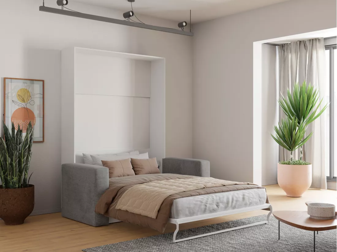 Lit escamotable canapé 140 x 200 cm - Ouverture verticale manuelle - Blanc et gris + Matelas - VACIALA II