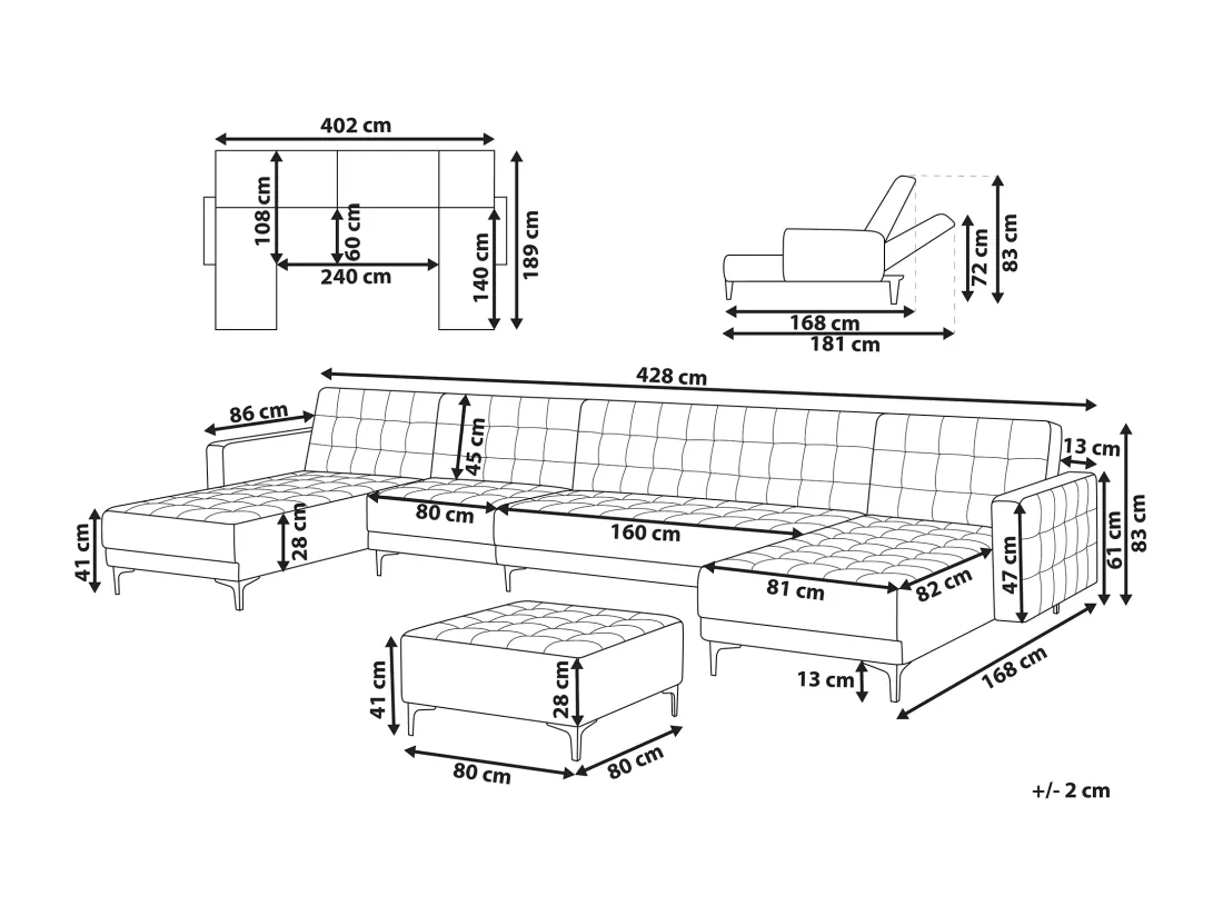 Canapé modulable 6 places en forme de U velours vert avec ottoman ABERDEEN