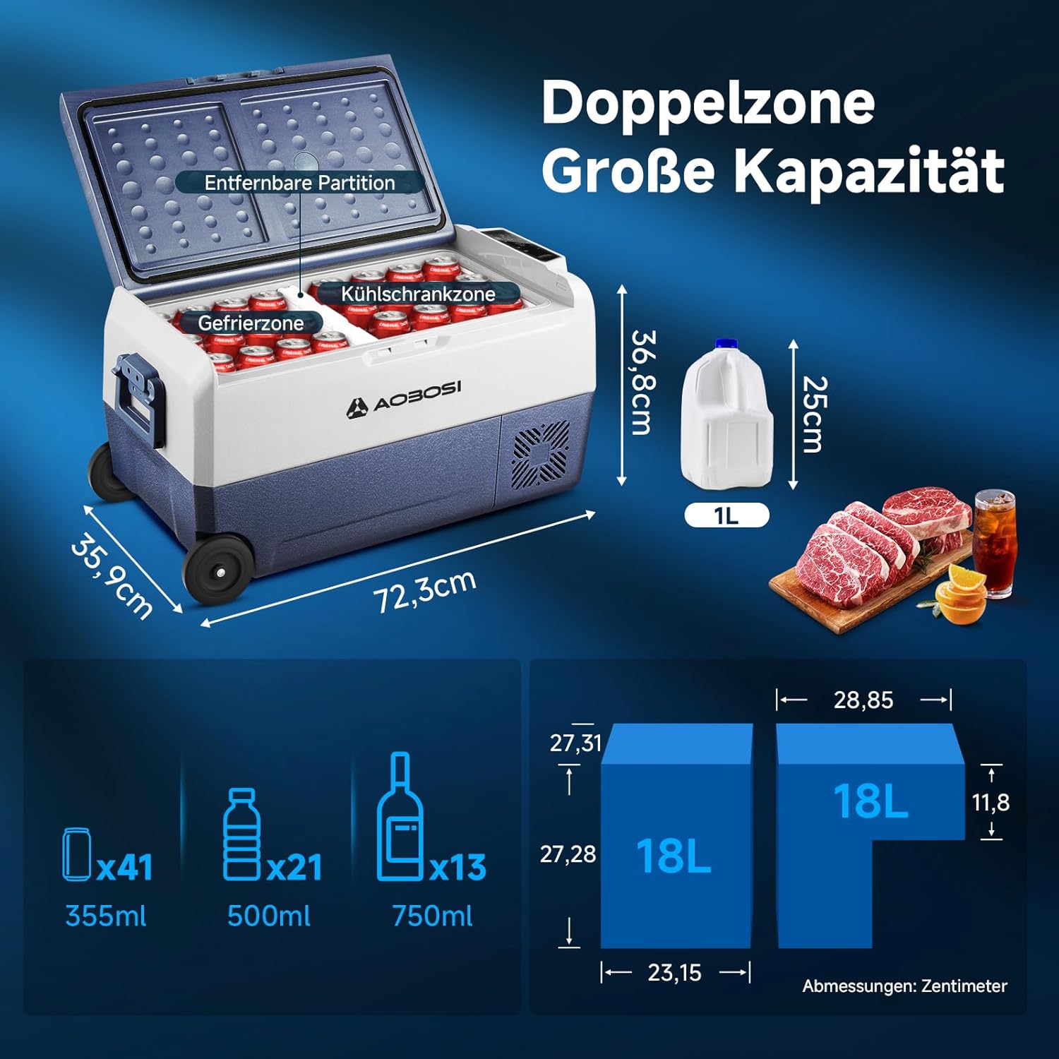 AAOBOSI Kompressor Kühlbox 36 L, Kühlbox Auto Mit APP-Steuerung, 12/24 V und 100-240 V Camping Kühlschrank, bis -20 °C für Auto, LKW, Boot, Reisemobil, Camping, Dual Zone und Zwei Temperaturen