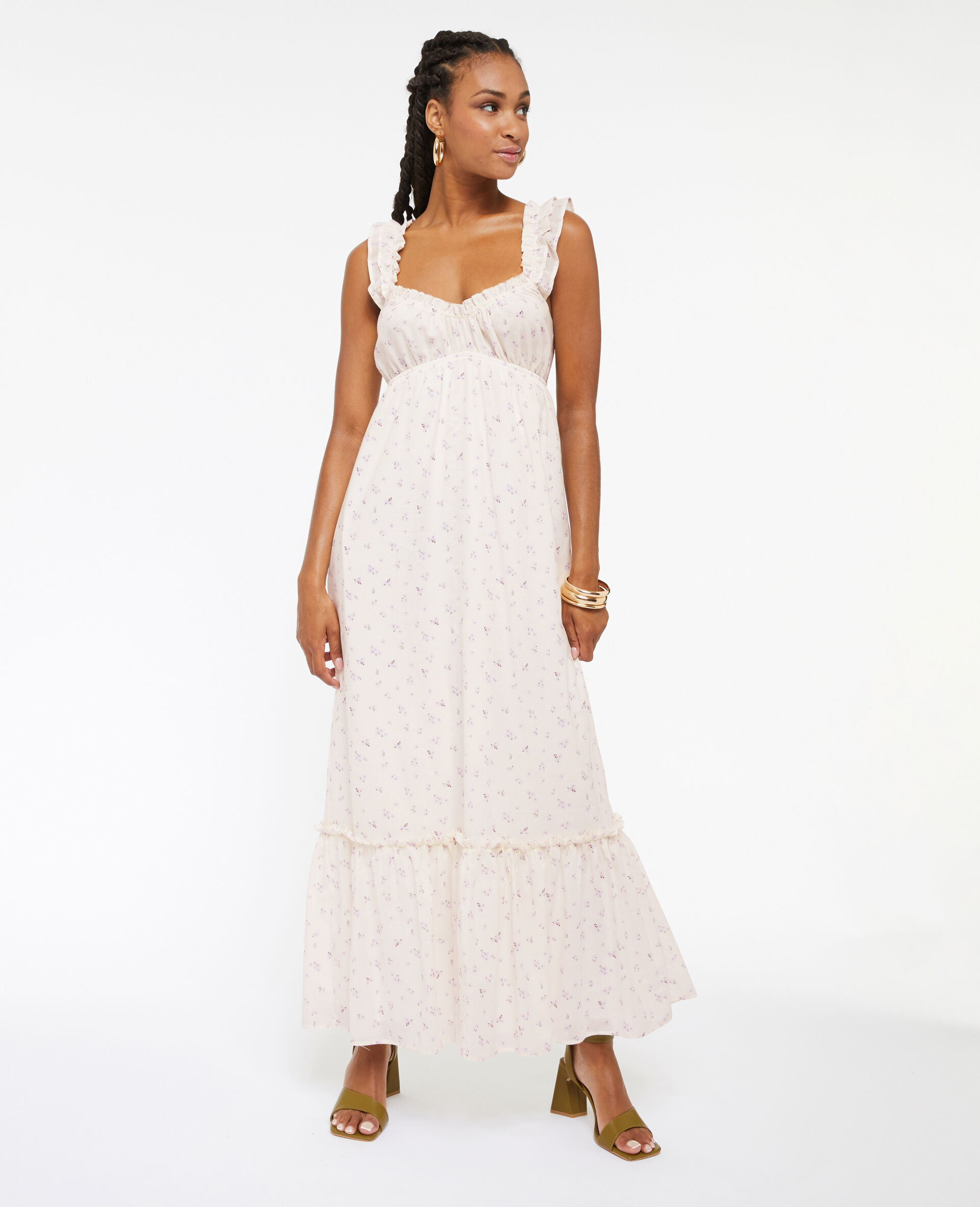 Robe longue motif fleurs avec volants - Blanc