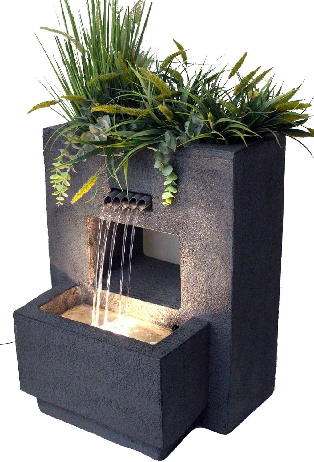 arnusa Gartenbrunnen mit Beleuchtung bepflanzbar Betonoptik 57 cm Springbrunnen LED