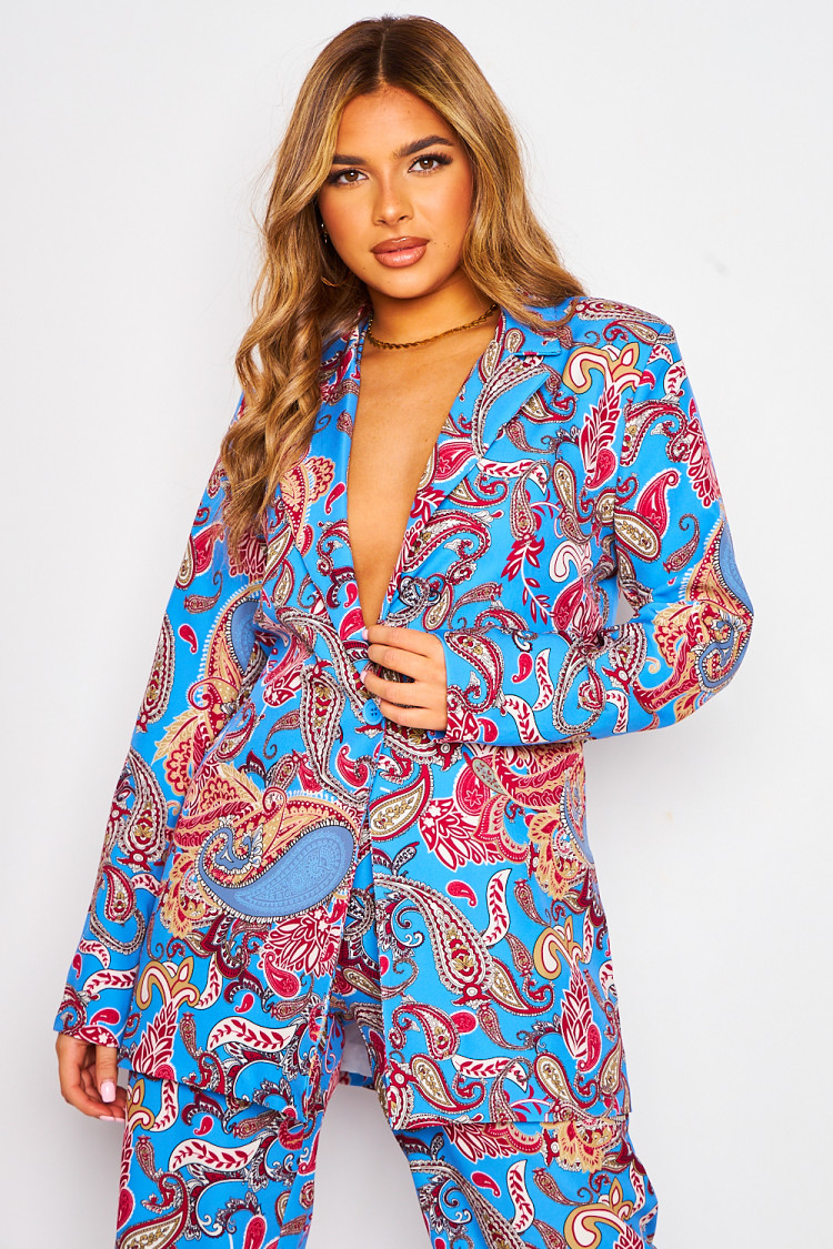 Ensemble bleu paisley blazer + pantalon ceinturé