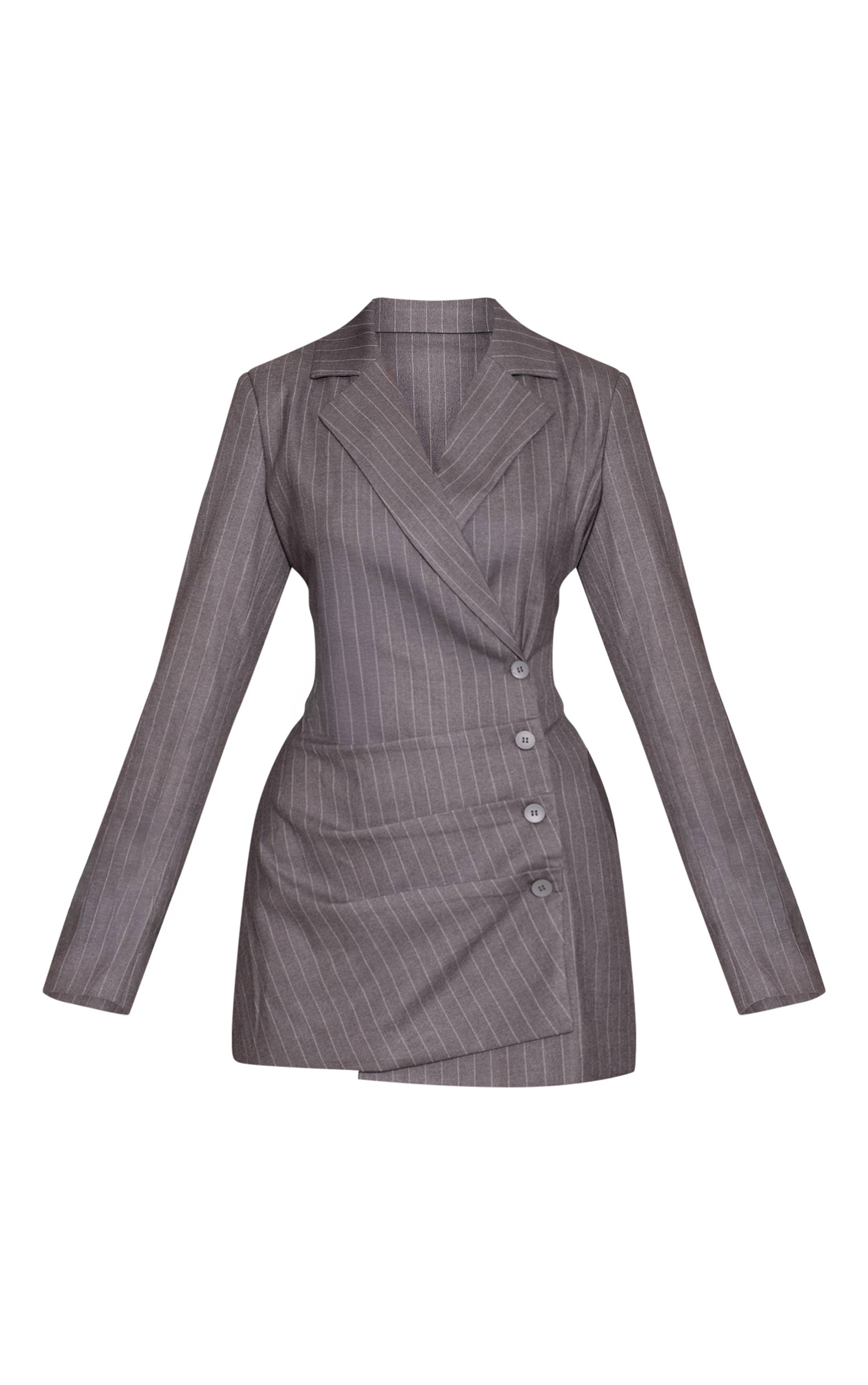 Gris Robe Blazer À Rayures Fines Avec Détail Plissé
