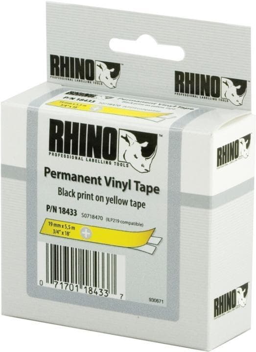 DYMO RhinoPRO, permanent markeringsvinyltape, 19 mm, sort tekst på gu