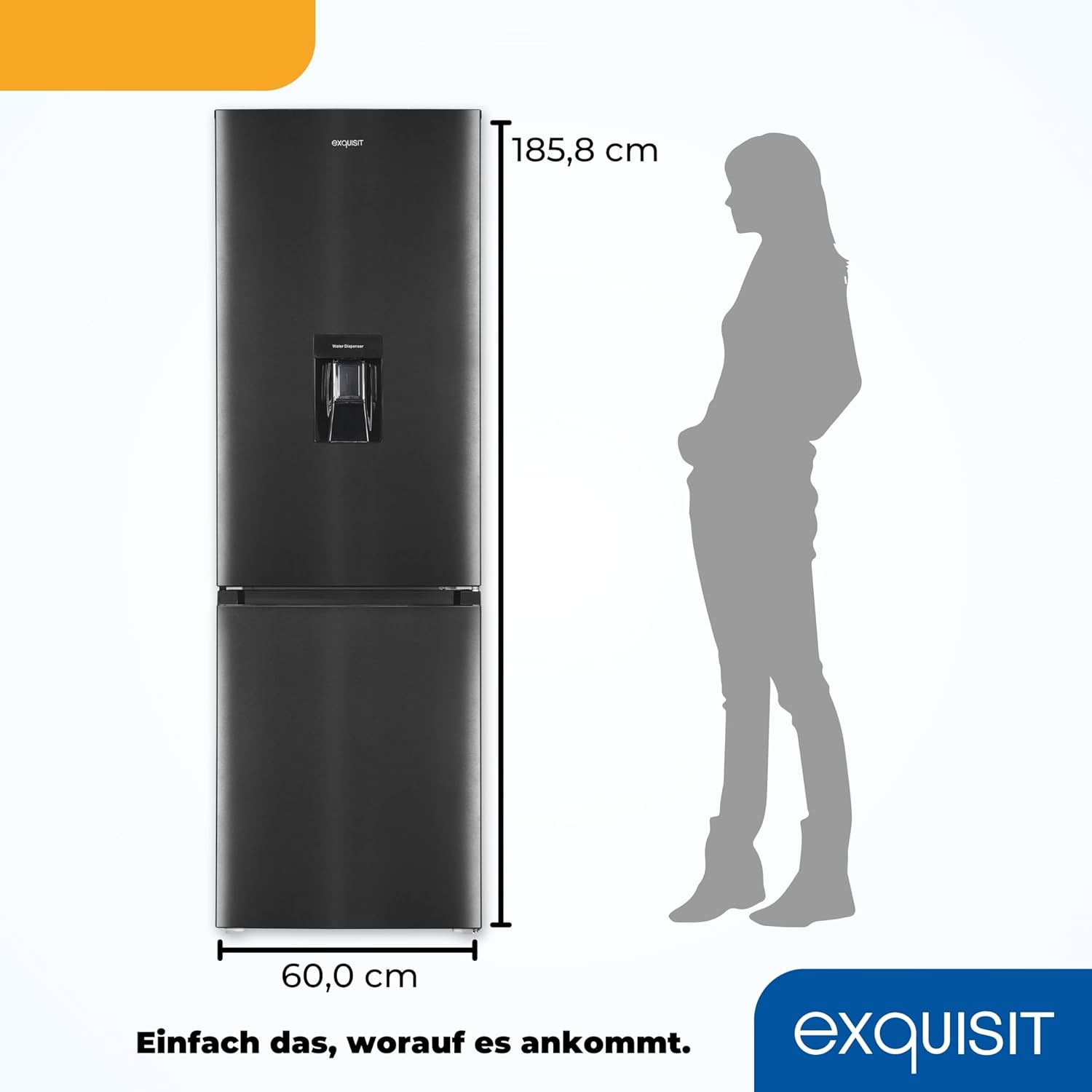 Exquisit Kühl-Gefrierkombination, 186 cm Höhe, Kühlschrank mit Wasserspender, 4-Sterne-Gefrieren, 313 Liter, Alarm-Funktion, KGC5320-95-E-WS-040C inoxlook-az