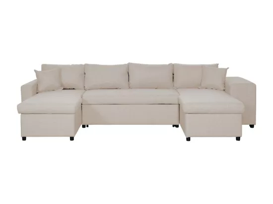 Canapé d'angle panoramique Oslo convertible avec coffres et poufs à droite - Tissu - Beige - L311 x P146 x H81cm - Loungitude