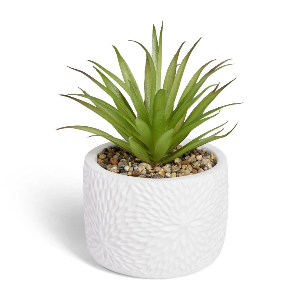 Plante artificielle verte pot ciment relief blanc Ø10xH17cm