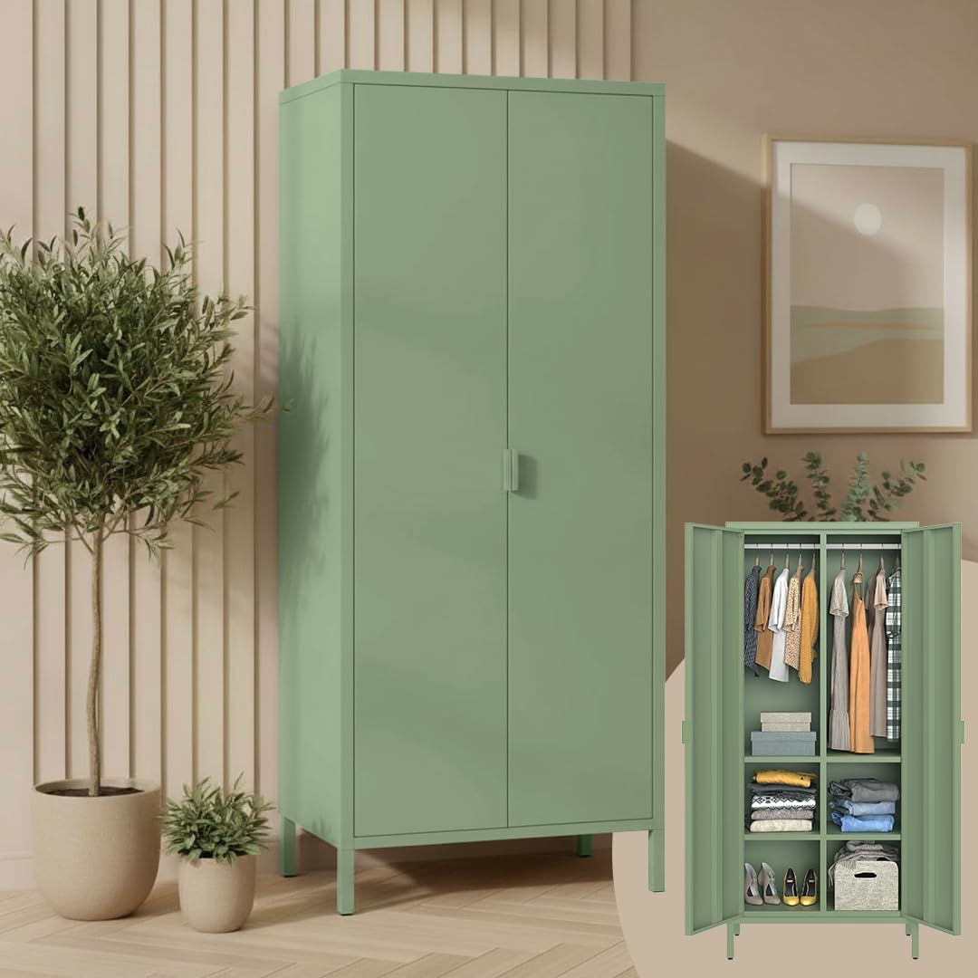 skølm Ituri Metallschrank Mintgrün – Kleiderschrank mit 6 Fächern & 2 Kleiderstangen – Garderobenschrank Flur 80 cm breit – Schlafzimmerschrank Industrial Style – Stahlschrank für Wohnzimmer & Büro