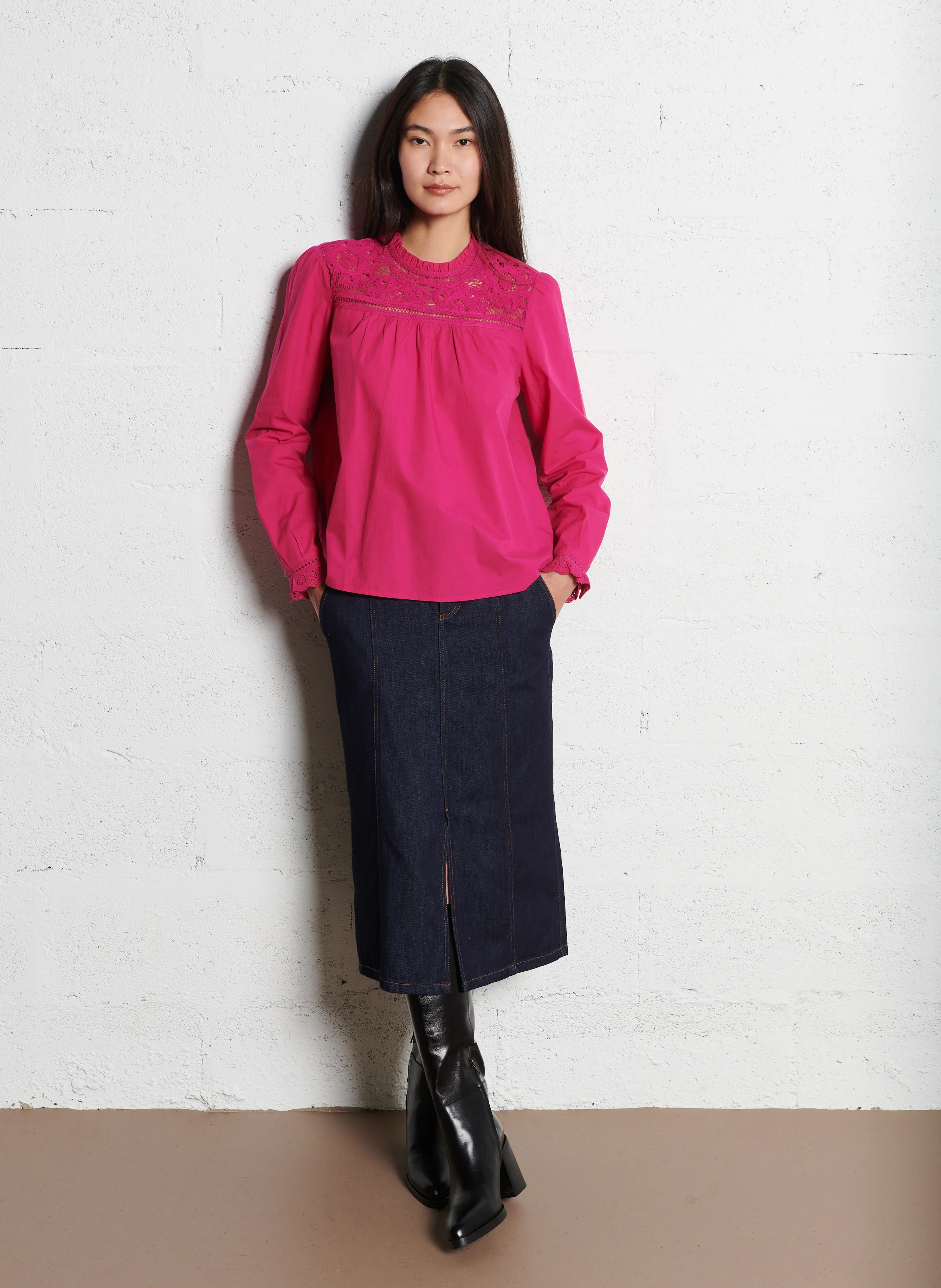 JAKE - Jupe midi en denim de coton | Bleu