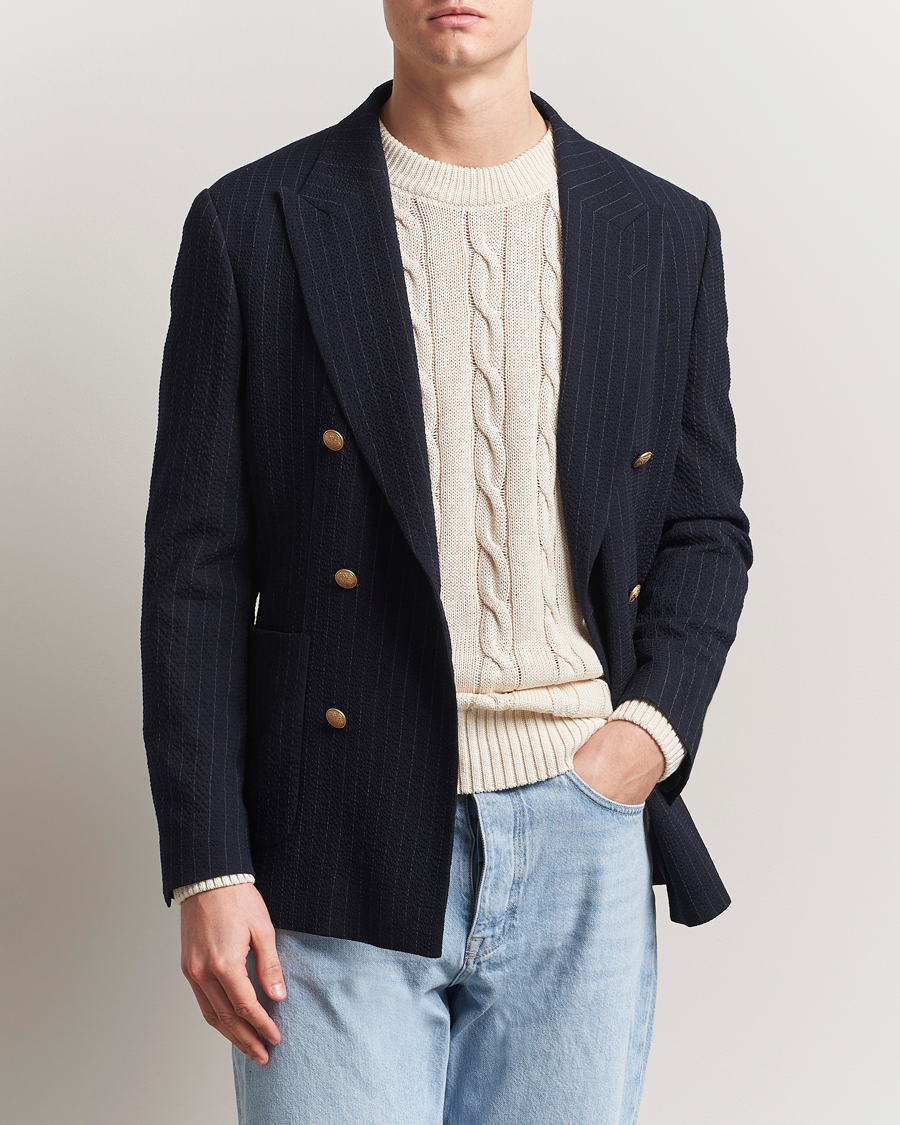 GANT Slim Fit Seersucker Double Breasted Blazer Evening Blue
