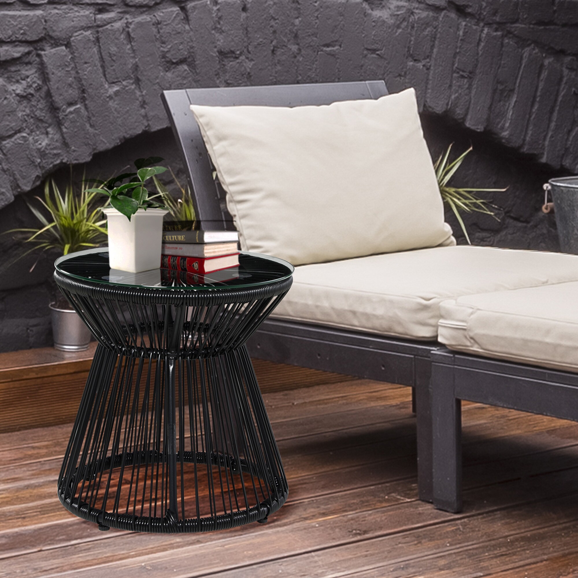 Outsunny Ratten Beistelltisch mit Glastischplatte schwarz 40L x 40B x 42H cm