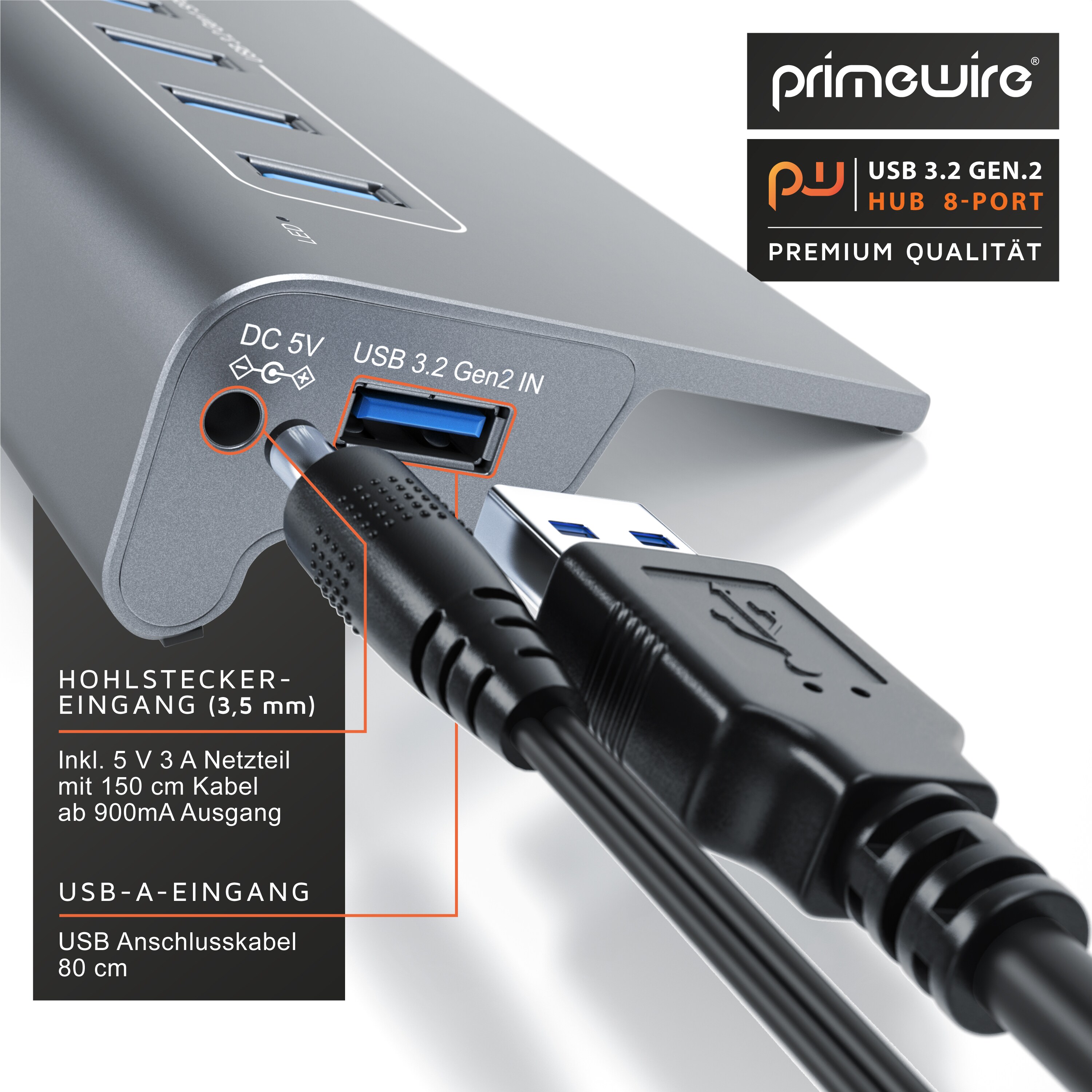 Primewire 8 Port USB 3.2 Gen.1 Port Hub - 8 x USB 3.2 Gen1, Davon 1x USB Ladeport smart Charge - 8 Port Verteiler mit Netzteil - Alugehäuse - für PC
