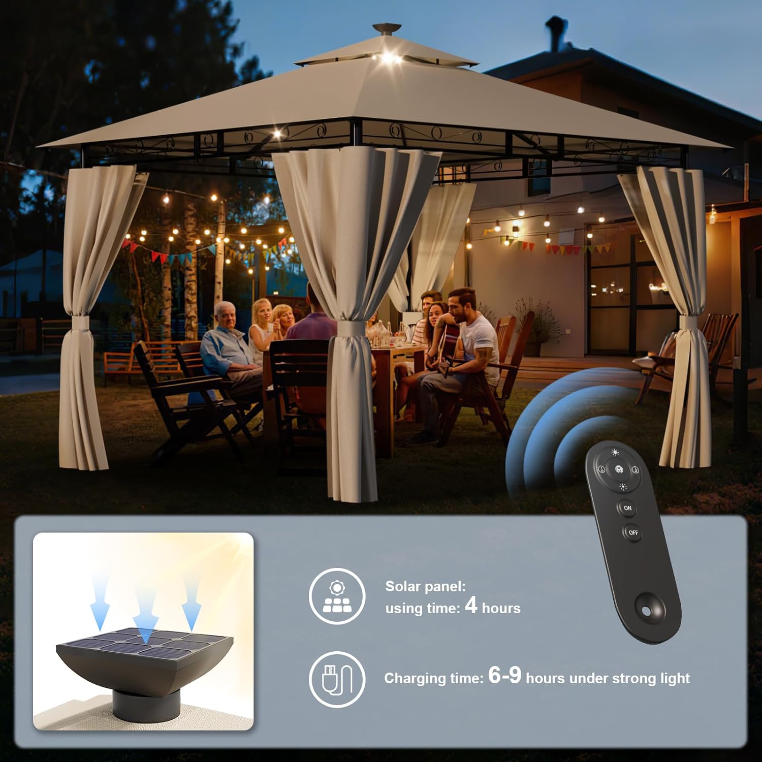 Pavillon 3x3 Wasserdicht Stabil Winterfest, Garten Pavillion mit seitenwänden, UV-Schutz 50+, Plane Gartenlaube, Metallrahmen Pavillon, Patio Gazebo, Beige