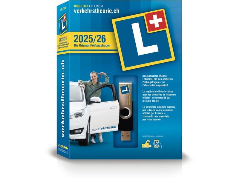 verkehrstheorie.ch 2025/2026 Kat. A   B USB-Stick D/F/I Lernsoftware mit Prüfungsfragen für Auto-, Motorrad- und Roller-Fahrschüler