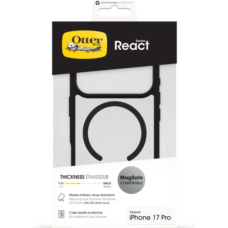 OtterBox React MagSafe Series pour Apple iPhone 17 Pro, noir Crystal, transparente/noir