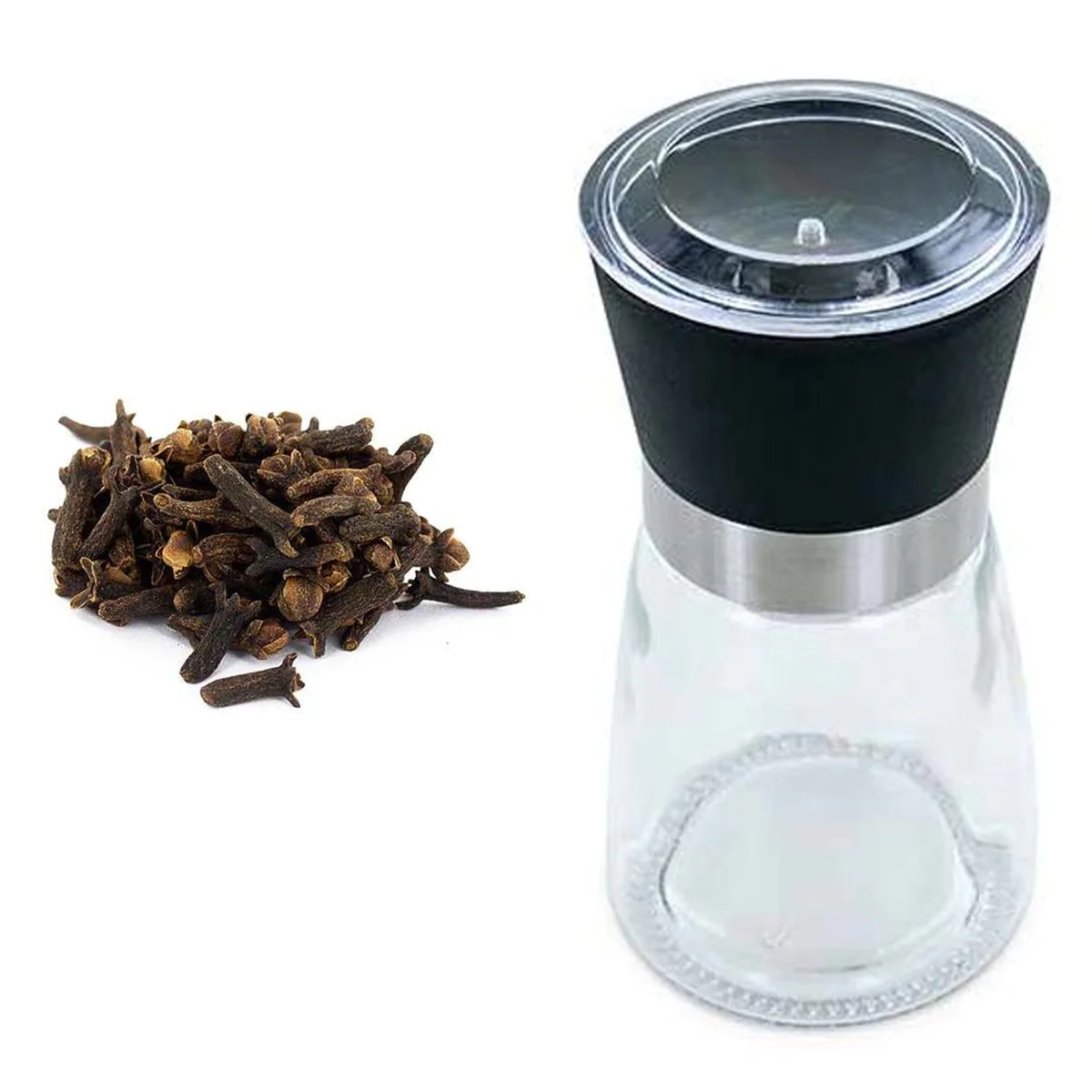 Moulin à épices en verre et céramique + clous de girofle bio Aromandis