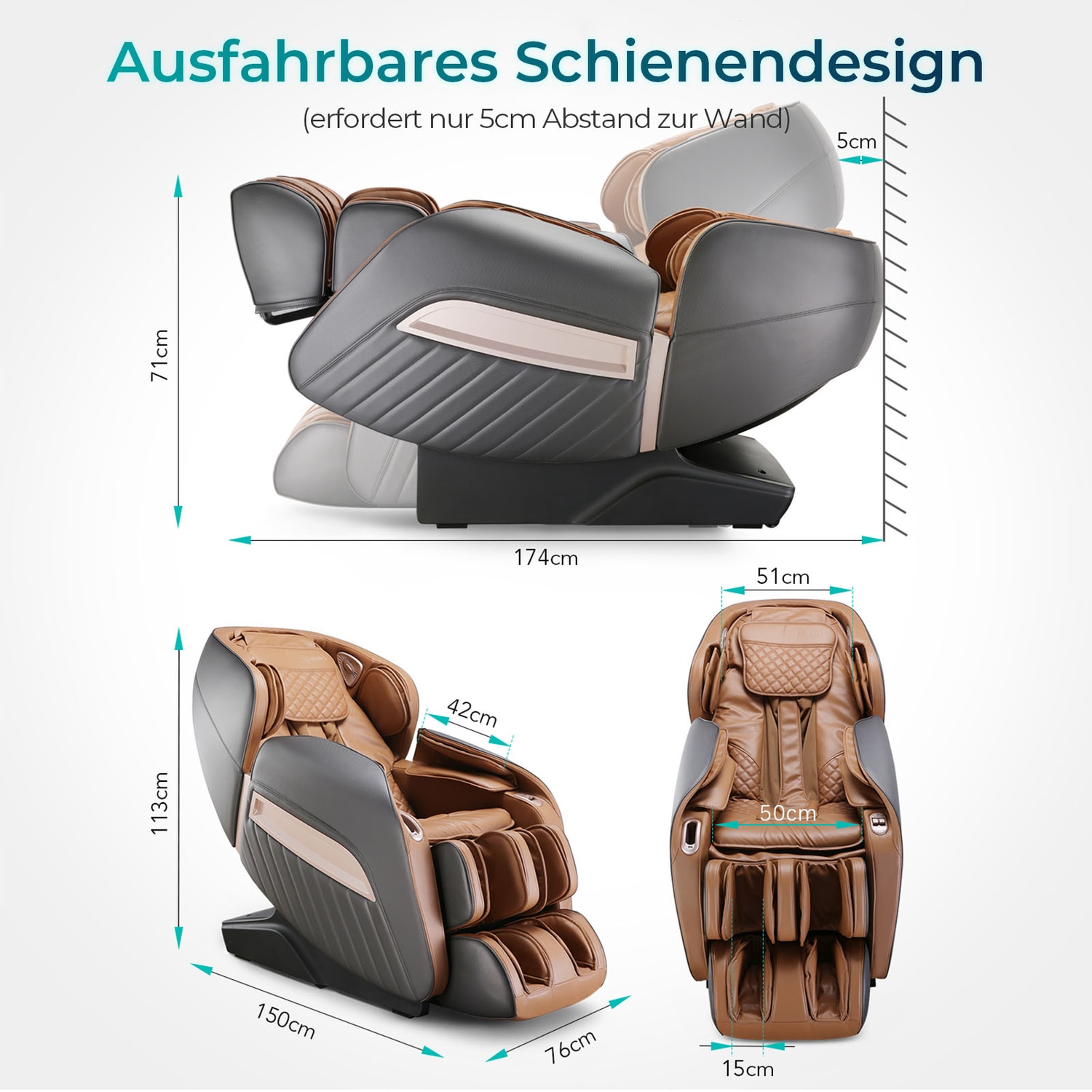 NAIPO MGC-A350BR, Massagesessel Shiatsu Massagestuhl Zero Gravity für Ganzkörper, mit Heizung, SL Track, Klopfen, Kneten, Luft-Massage-System, USB, Bluetooth 3D Surround Sound Musik, Für Zuhause und Büro - Braun