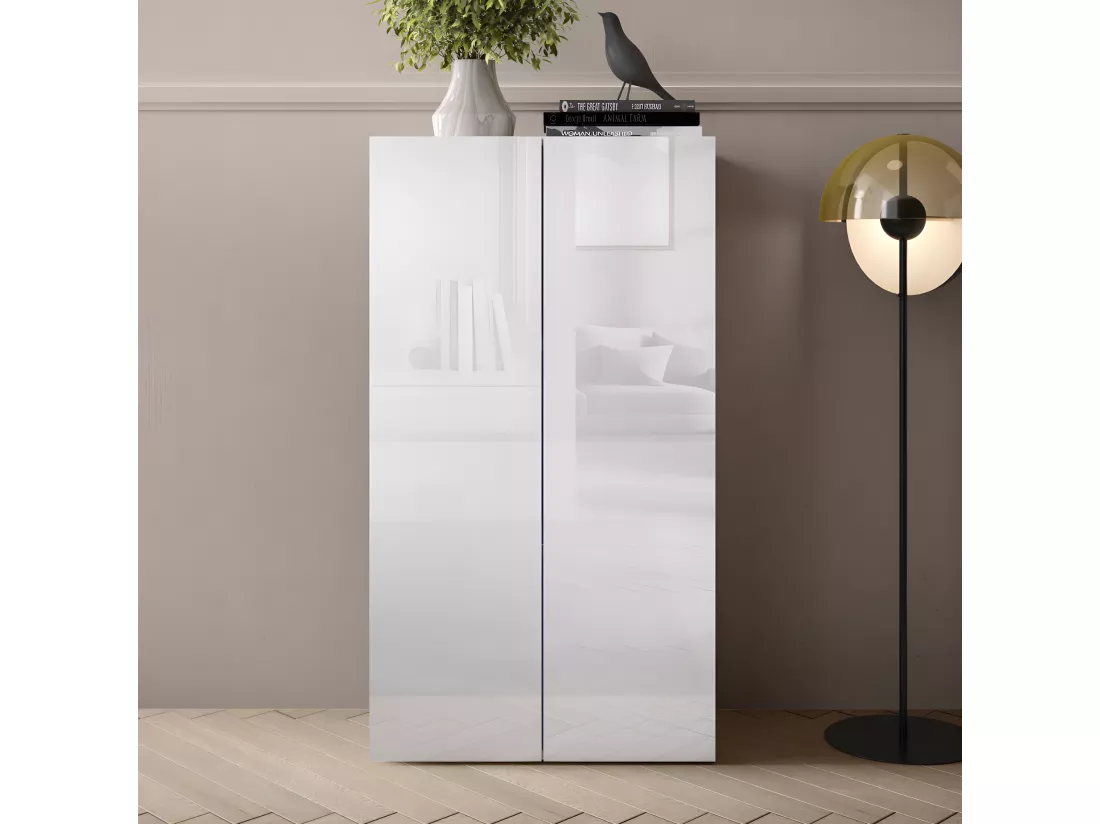 Armoire de bureau 2 portes 2 étagères laqué Blanc brillant - TORINO