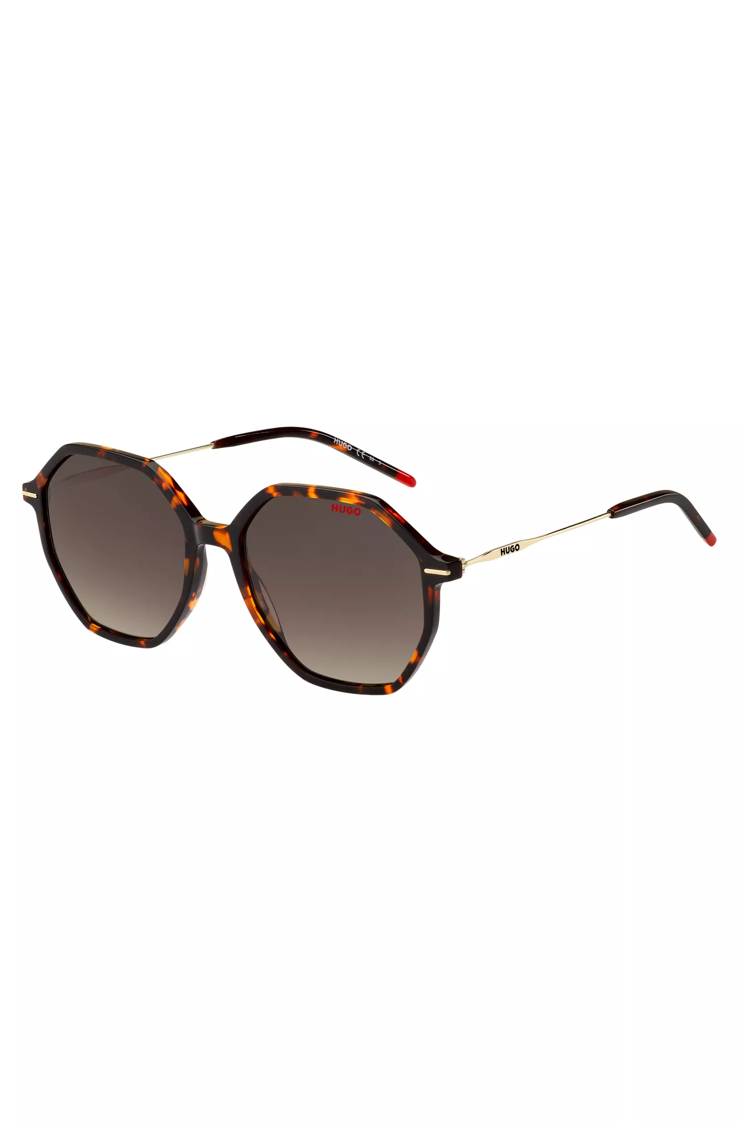 Óculos de sol HUGO em acetato vermelho Havana com hastes douradas.
