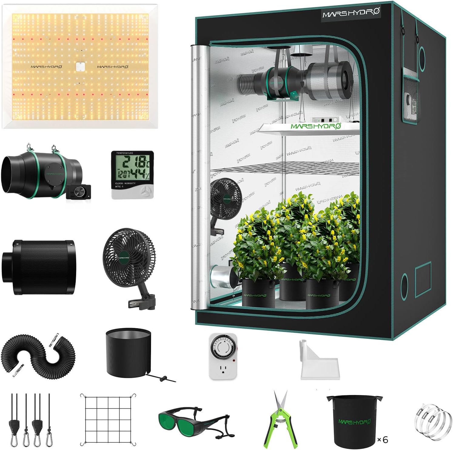 MARS HYDRO TSW2000 Growzelt Komplettset,LED Vollspektrum Dimmbar Grow Lampe, 120X120X200cm 1680D Hohe Reflektivität Grow Box Komplettset,6' 402CFM Effizientes Belüftungssatz,10-Gang-Lüfter