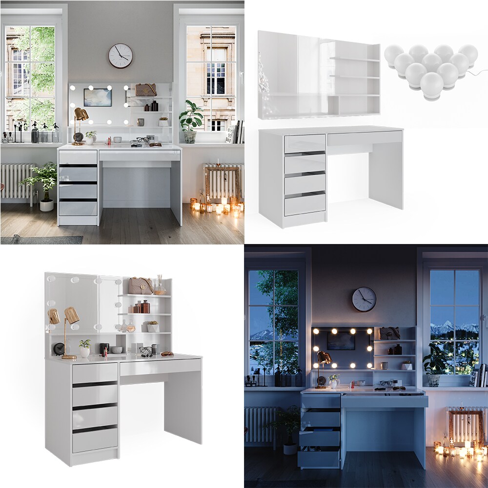 Vicco Schminktisch Sherry Weiß Hochglanz 120 x 75 cm Spiegel Regal LED modern