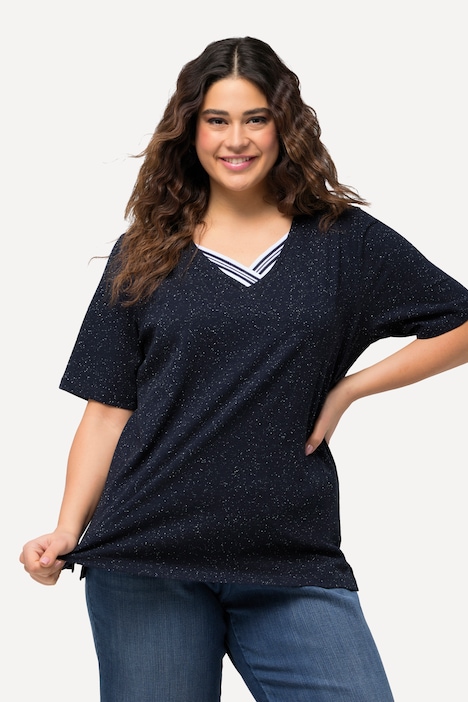 T-Shirt, Noppen, Zierbänder, V-Ausschnitt, Halbarm